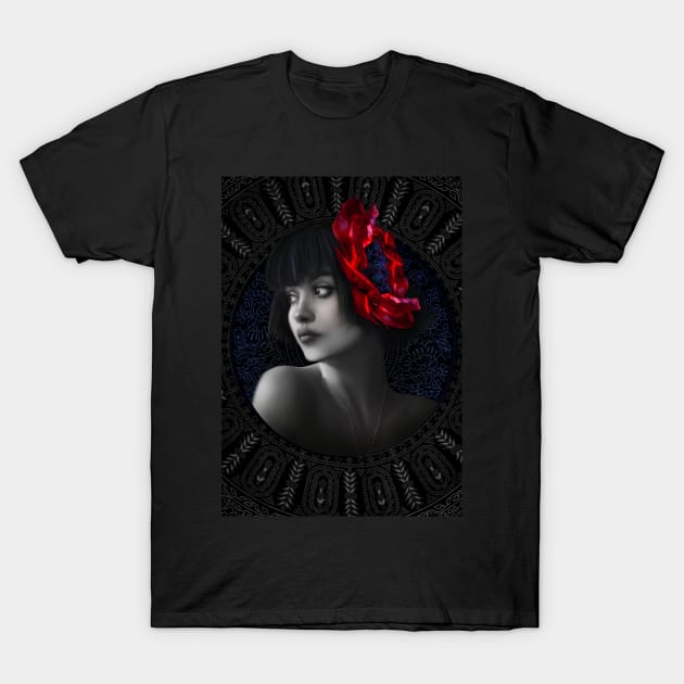 Black and white red flower girl portrait digital artwork T-Shirt by Relaxing Art Shop